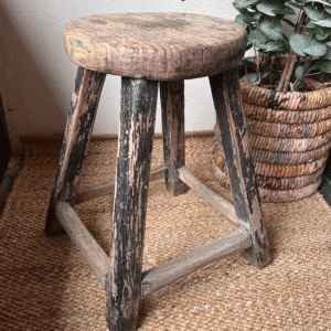 Tabouret assise ronde en bois ancien naturel & noir patiné – Atmosphère d’Ailleurs – Image 2