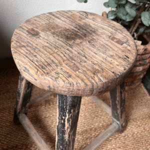 Tabouret assise ronde en bois ancien naturel & noir patiné – Atmosphère d’Ailleurs – Image 3